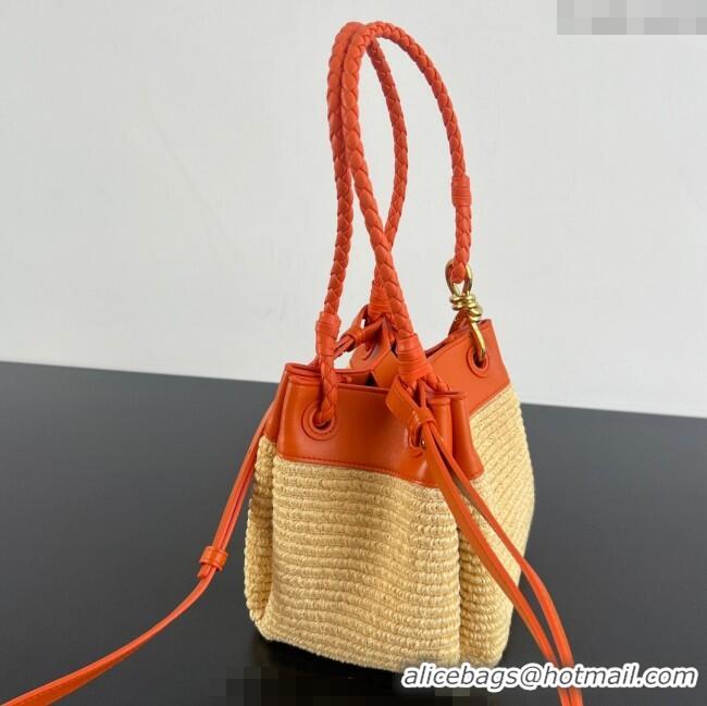 Famous Brand Bottega Veneta Small Parachute Shoulder Bag in Raffia Straw and Leather 827475 Orange 2025
