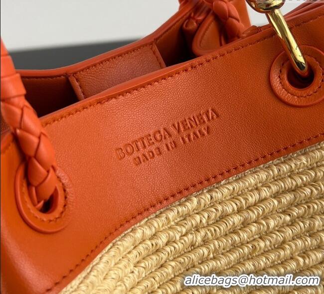 Famous Brand Bottega Veneta Small Parachute Shoulder Bag in Raffia Straw and Leather 827475 Orange 2025
