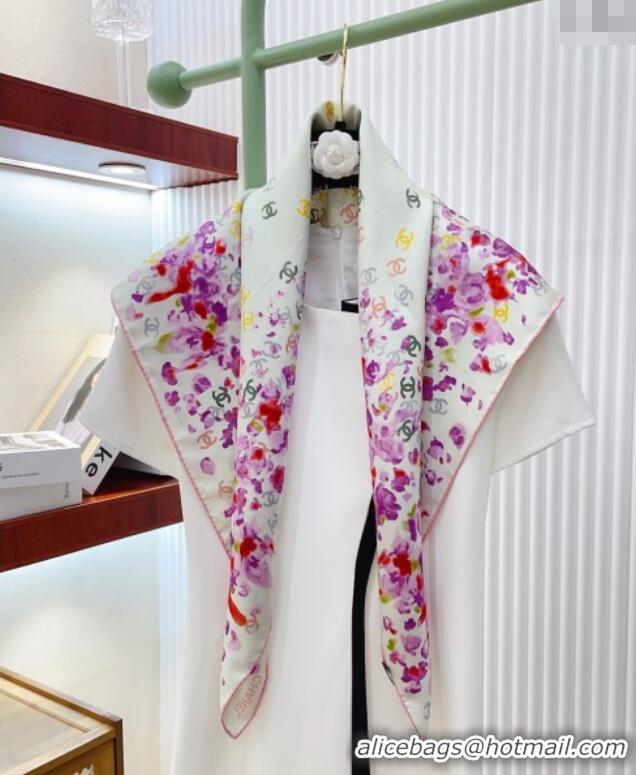 Promotional Chanel Flower Silk Square Scarf 90x90cm 0724 White/Purple 2025