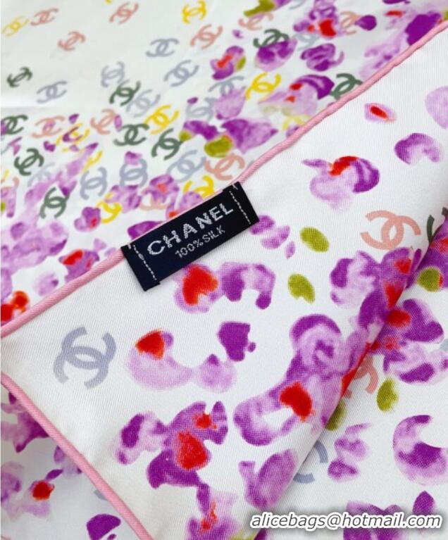 Promotional Chanel Flower Silk Square Scarf 90x90cm 0724 White/Purple 2025