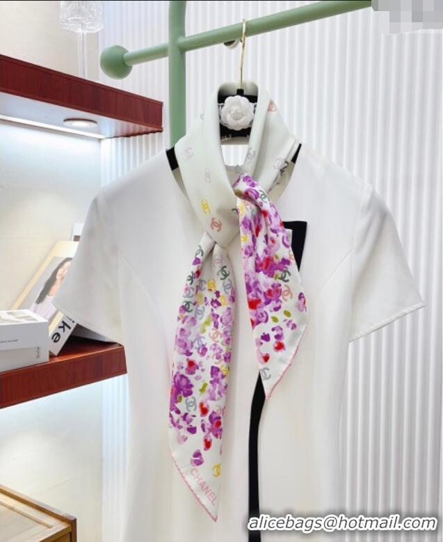 Promotional Chanel Flower Silk Square Scarf 90x90cm 0724 White/Purple 2025