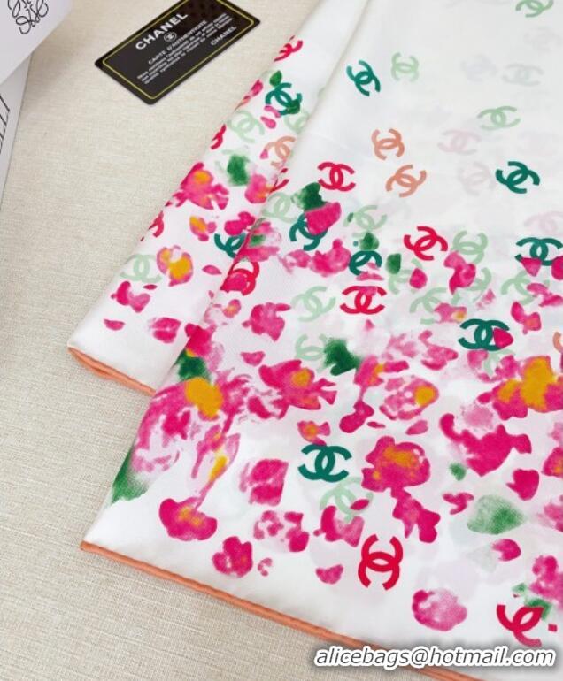 Best Product Chanel Flower Silk Square Scarf 90x90cm 0724 White/Pink 2025
