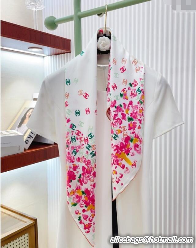 Best Product Chanel Flower Silk Square Scarf 90x90cm 0724 White/Pink 2025