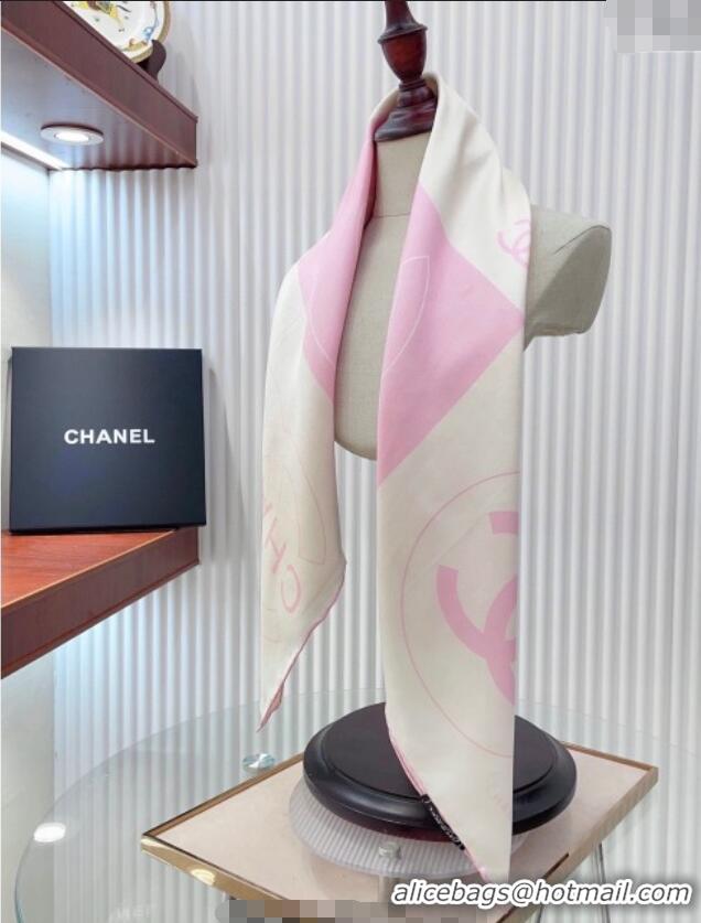 Good Quality Chanel Coco Silk Square Scarf 90x90cm 0724 White/Pink 2025