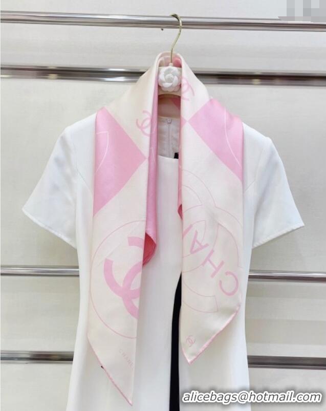 Good Quality Chanel Coco Silk Square Scarf 90x90cm 0724 White/Pink 2025