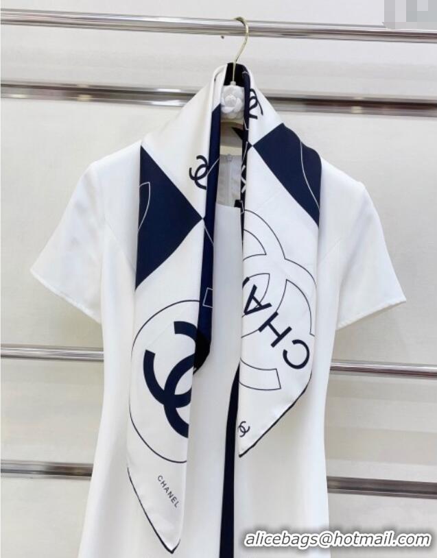Luxury Discount Chanel Coco Silk Square Scarf 90x90cm 0724 White/Blue 2025