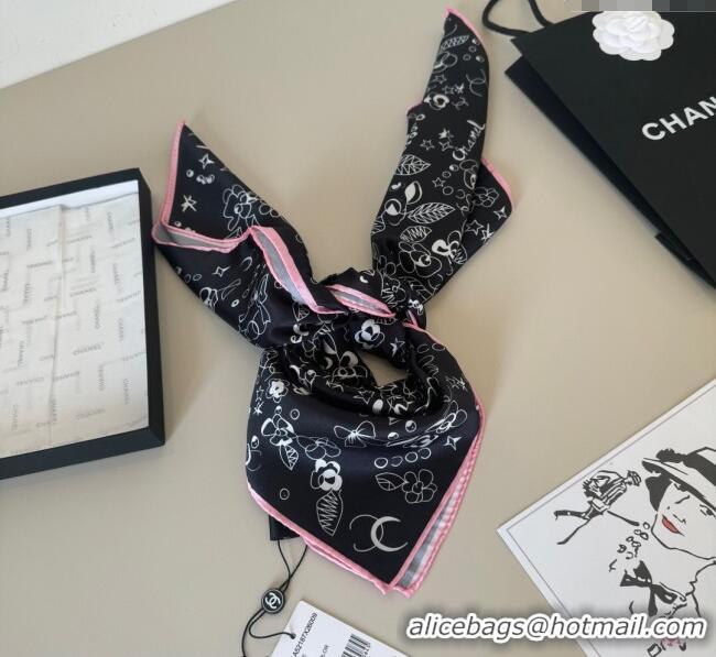 Top Grade Chanel Flora Silk Square Scarf 90x90cm 0724 Black 2025