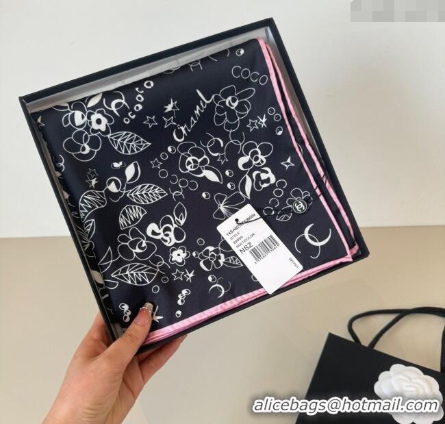 Top Grade Chanel Flora Silk Square Scarf 90x90cm 0724 Black 2025