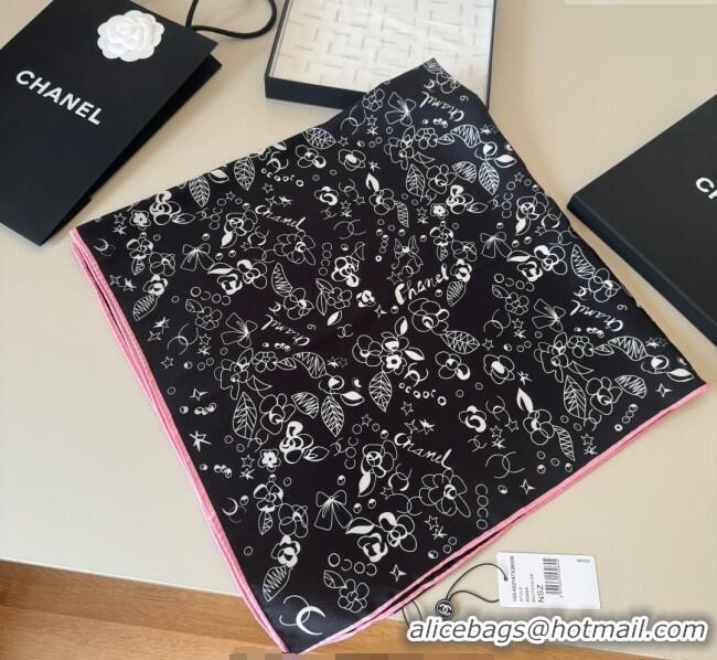 Top Grade Chanel Flora Silk Square Scarf 90x90cm 0724 Black 2025