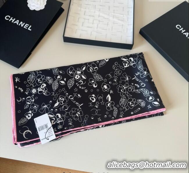 Top Grade Chanel Flora Silk Square Scarf 90x90cm 0724 Black 2025