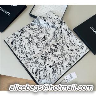 Luxury Cheap Chanel Flora Silk Square Scarf 90x90cm 0724 White 2025