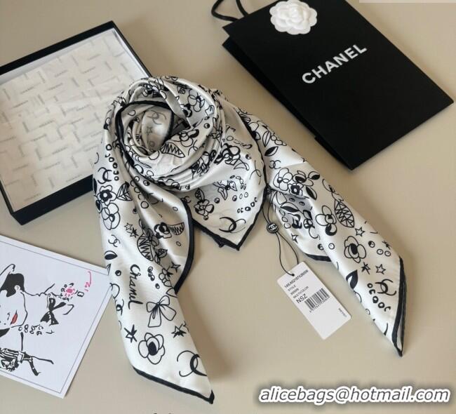 Luxury Cheap Chanel Flora Silk Square Scarf 90x90cm 0724 White 2025
