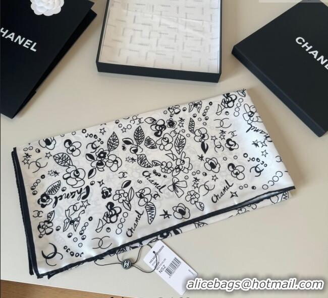 Luxury Cheap Chanel Flora Silk Square Scarf 90x90cm 0724 White 2025