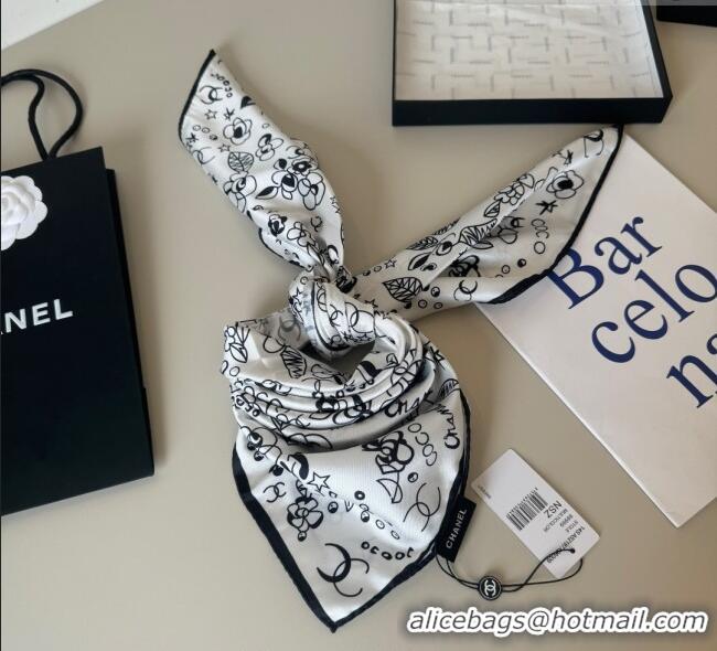 Luxury Cheap Chanel Flora Silk Square Scarf 90x90cm 0724 White 2025