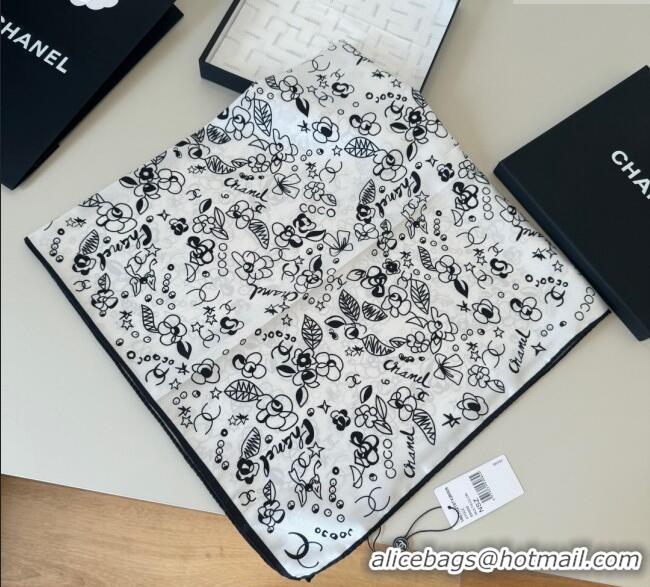 Luxury Cheap Chanel Flora Silk Square Scarf 90x90cm 0724 White 2025