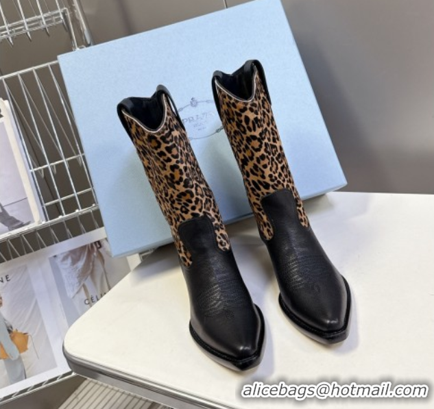 Buy Luxury Prada By Raf Simons Runway Boots in Calfskin 5cm Heel Leopard-print/Black 5081103