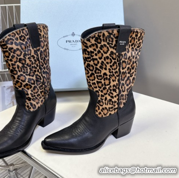 Buy Luxury Prada By Raf Simons Runway Boots in Calfskin 5cm Heel Leopard-print/Black 5081103