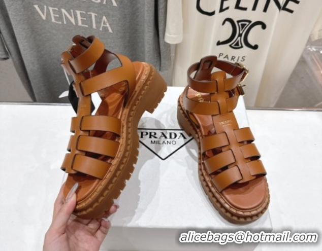 Crafted Prada Leather sandals with ankle straps Brown 2025 PR082502