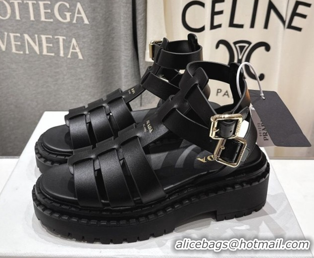 Top Design Prada Leather sandals with ankle straps Black 2025 PR082502