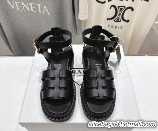 Top Design Prada Leather sandals with ankle straps Black 2025 PR082502
