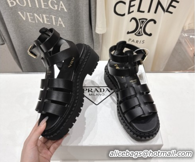 Top Design Prada Leather sandals with ankle straps Black 2025 PR082502