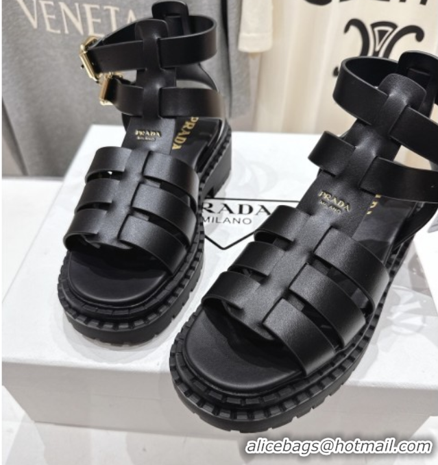 Top Design Prada Leather sandals with ankle straps Black 2025 PR082502