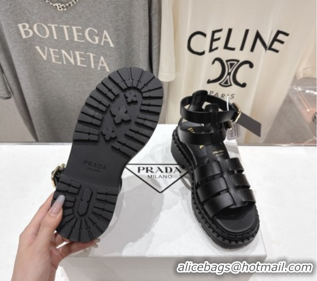 Top Design Prada Leather sandals with ankle straps Black 2025 PR082502
