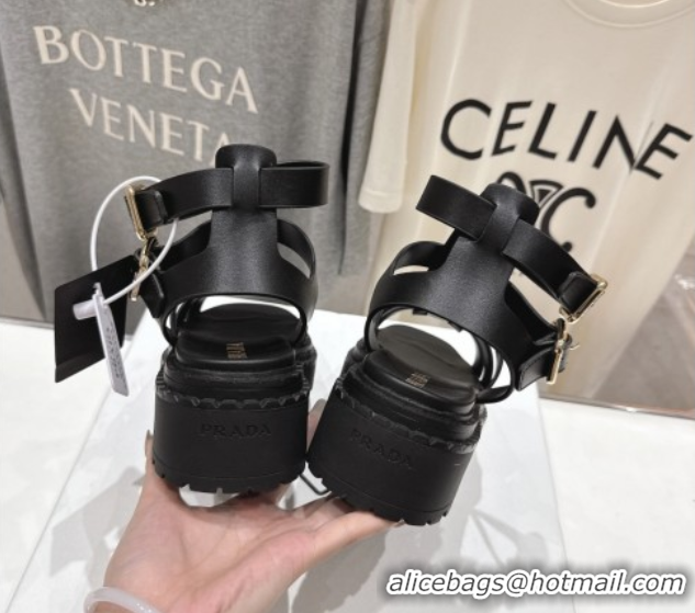 Top Design Prada Leather sandals with ankle straps Black 2025 PR082502