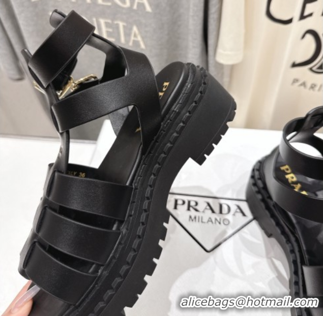 Top Design Prada Leather sandals with ankle straps Black 2025 PR082502