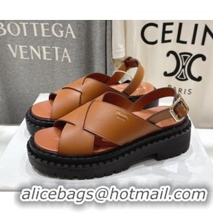 Comfortable Prada Leather Platform crisscross sandals Brown 2025 PR082503