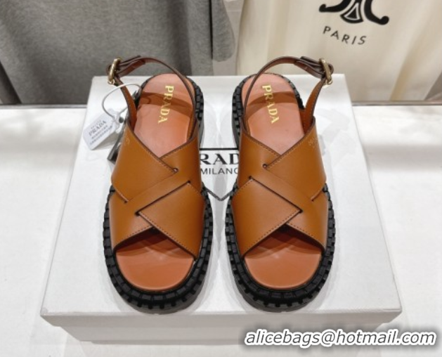 Comfortable Prada Leather Platform crisscross sandals Brown 2025 PR082503