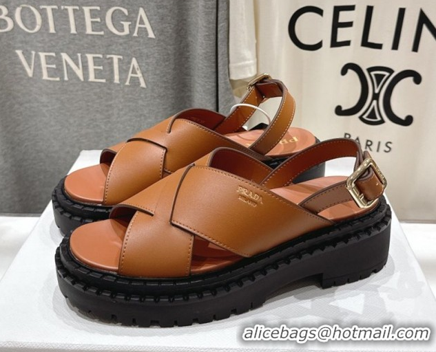 Comfortable Prada Leather Platform crisscross sandals Brown 2025 PR082503