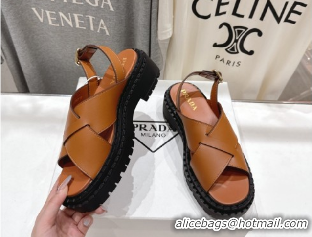 Comfortable Prada Leather Platform crisscross sandals Brown 2025 PR082503