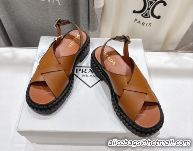 Comfortable Prada Leather Platform crisscross sandals Brown 2025 PR082503