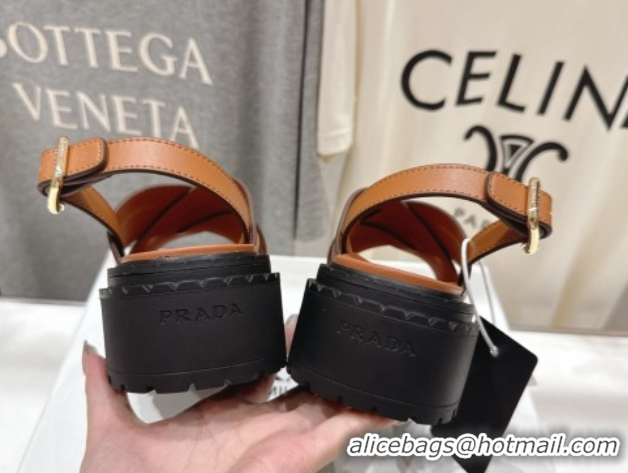 Comfortable Prada Leather Platform crisscross sandals Brown 2025 PR082503