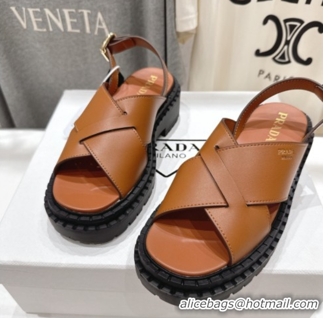 Comfortable Prada Leather Platform crisscross sandals Brown 2025 PR082503
