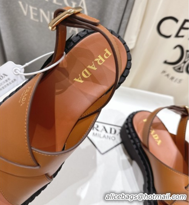 Comfortable Prada Leather Platform crisscross sandals Brown 2025 PR082503