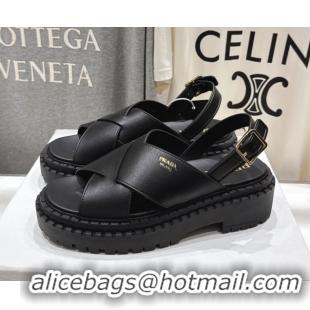 Good Looking Prada Leather Platform crisscross sandals Black 2025 PR082503