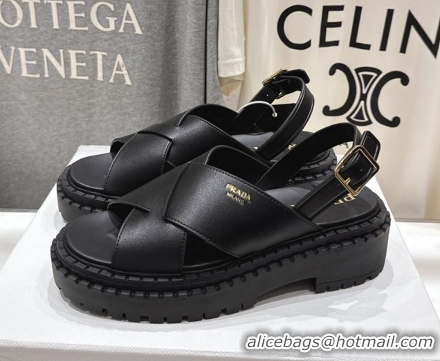 Good Looking Prada Leather Platform crisscross sandals Black 2025 PR082503