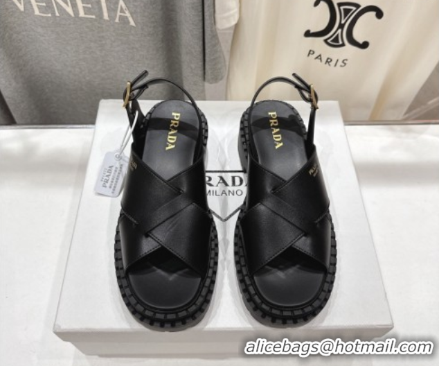 Good Looking Prada Leather Platform crisscross sandals Black 2025 PR082503