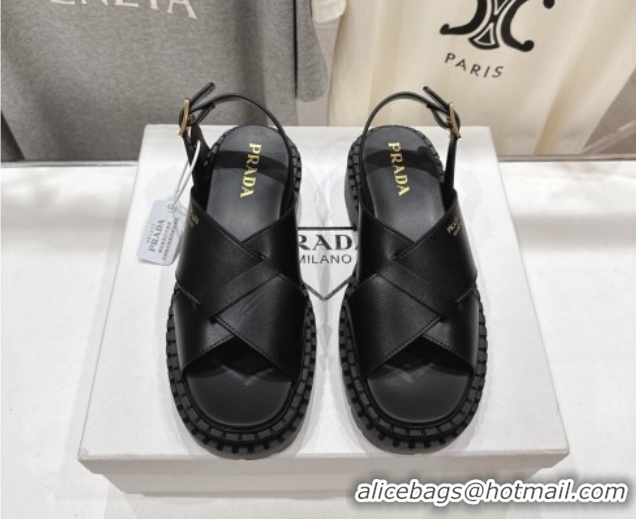 Good Looking Prada Leather Platform crisscross sandals Black 2025 PR082503