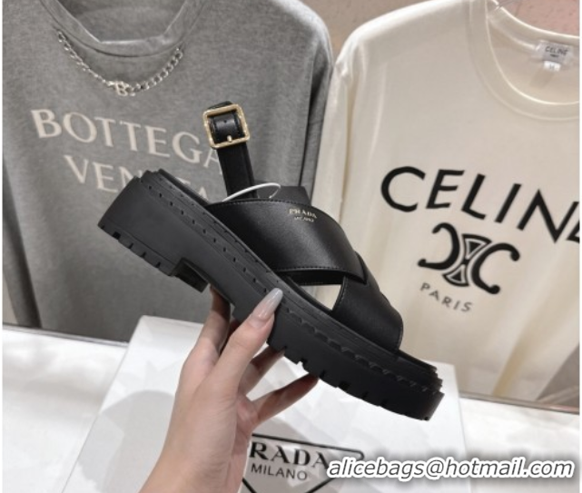 Good Looking Prada Leather Platform crisscross sandals Black 2025 PR082503