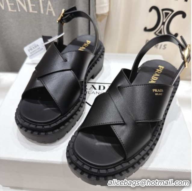 Good Looking Prada Leather Platform crisscross sandals Black 2025 PR082503