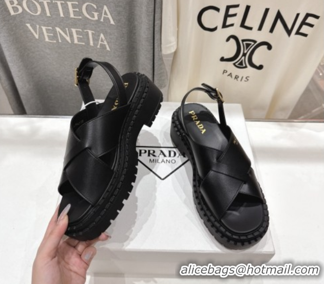 Good Looking Prada Leather Platform crisscross sandals Black 2025 PR082503