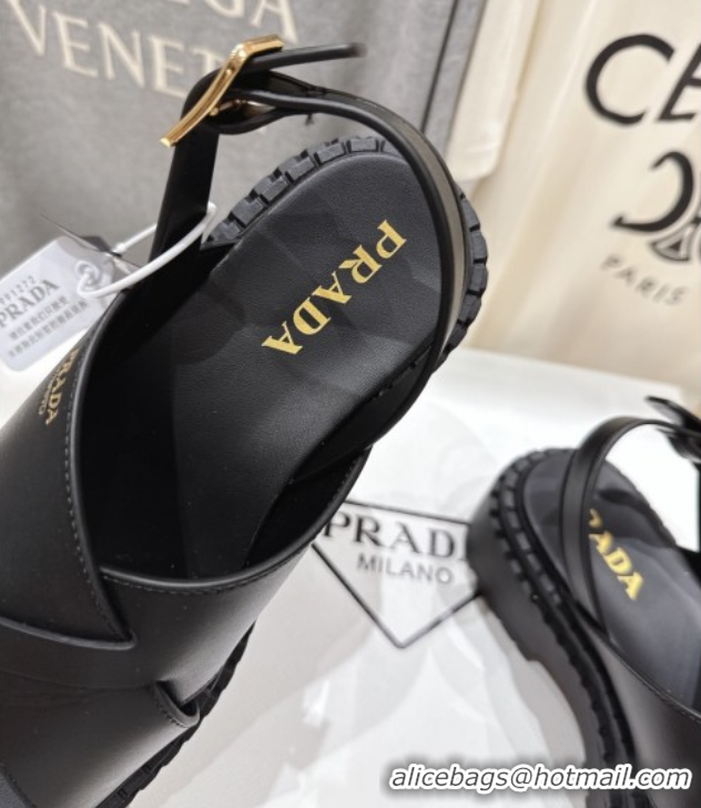 Good Looking Prada Leather Platform crisscross sandals Black 2025 PR082503