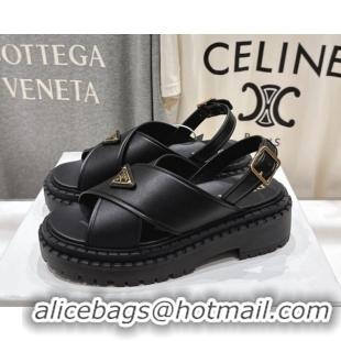 Shop Duplicate Prada Leather sandals Black 2025 PR082504