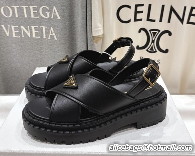 Shop Duplicate Prada Leather sandals Black 2025 PR082504