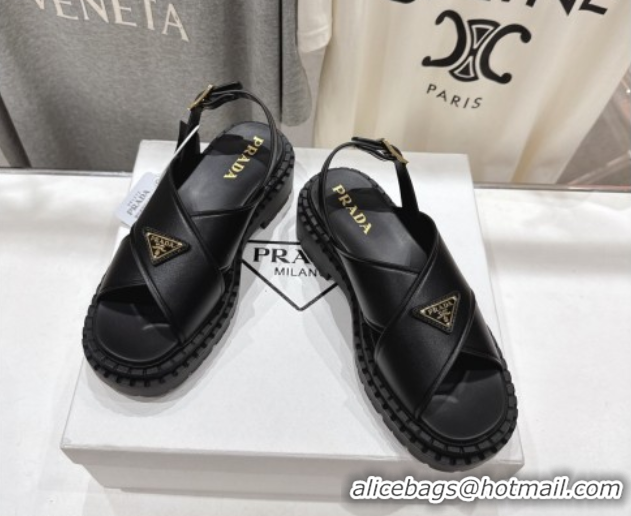 Shop Duplicate Prada Leather sandals Black 2025 PR082504