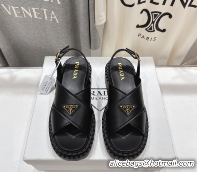 Shop Duplicate Prada Leather sandals Black 2025 PR082504