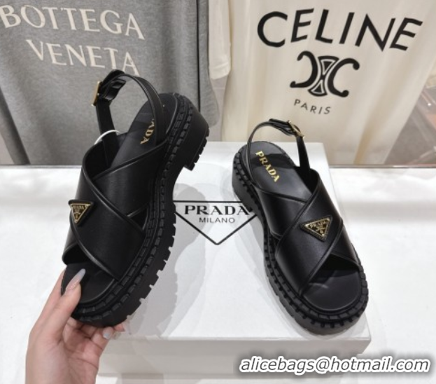 Shop Duplicate Prada Leather sandals Black 2025 PR082504